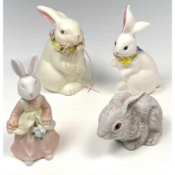 VTG Lot 4 Bisque Porcelain Handpainted BUNNY Rabbit FIGURINES Easter 4" EUC - Picture 1 of 3
